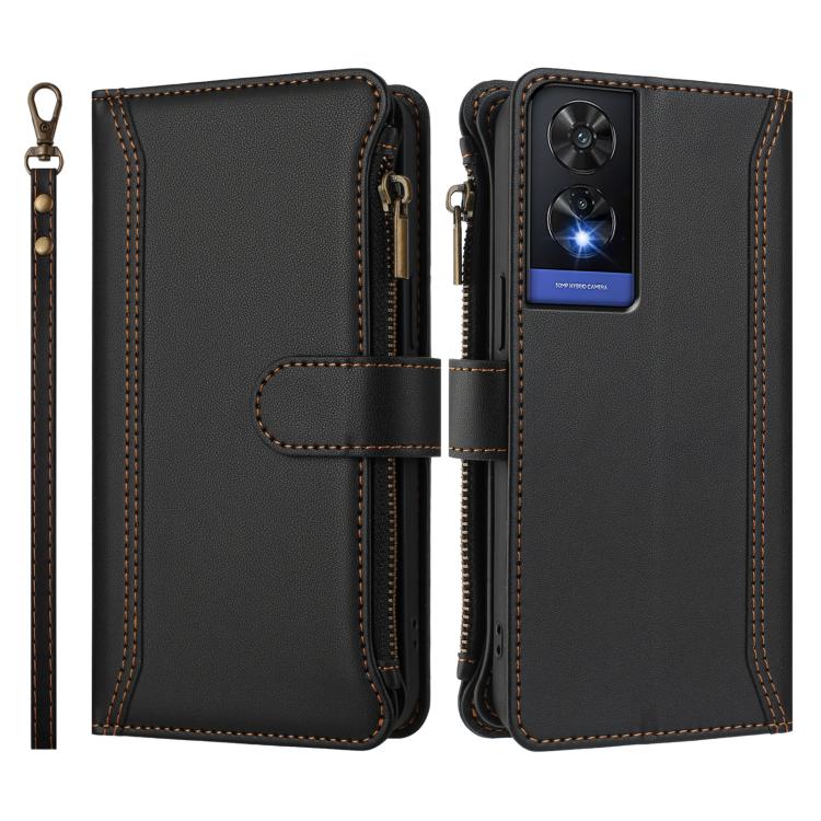 For TCL 505 Magnetic Closure 9 Card Slots Zipper Leather Case with Hand Strap