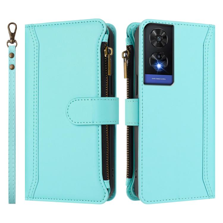 For TCL 505 Magnetic Closure 9 Card Slots Zipper Leather Case with Hand Strap