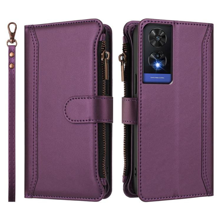 For TCL 505 Magnetic Closure 9 Card Slots Zipper Leather Case with Hand Strap
