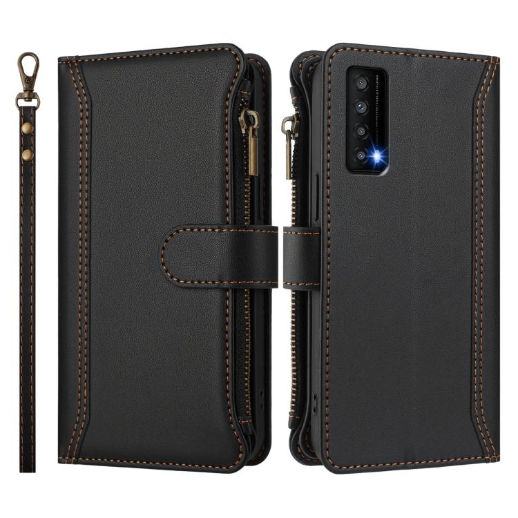 For TCL Stylus 5G Magnetic Closure 9 Card Slots Zipper Leather Case with Hand Strap