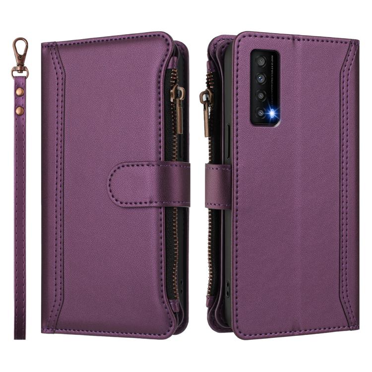For TCL Stylus 5G Magnetic Closure 9 Card Slots Zipper Leather Case with Hand Strap