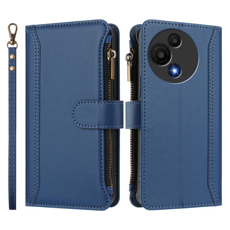 For TCL 605 / 60 SE Magnetic Closure 9 Card Slots Zipper Leather Case with Hand Strap