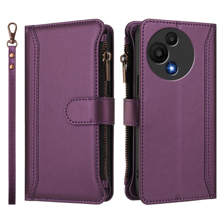 For TCL 605 / 60 SE Magnetic Closure 9 Card Slots Zipper Leather Case with Hand Strap
