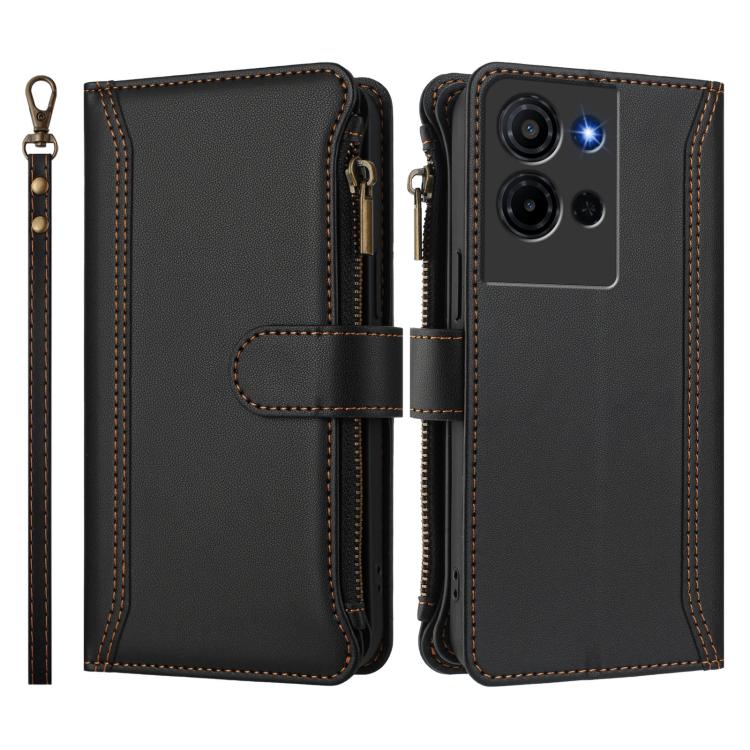 For TCL K32 5G / K33 5G Magnetic Closure 9 Card Slots Zipper Leather Case with Hand Strap