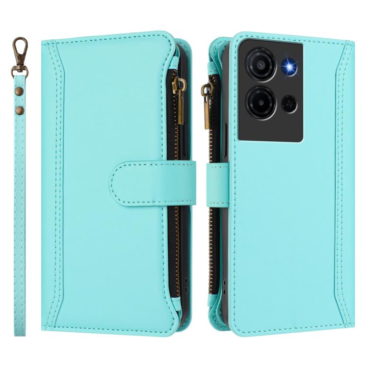 For TCL K32 5G / K33 5G Magnetic Closure 9 Card Slots Zipper Leather Case with Hand Strap