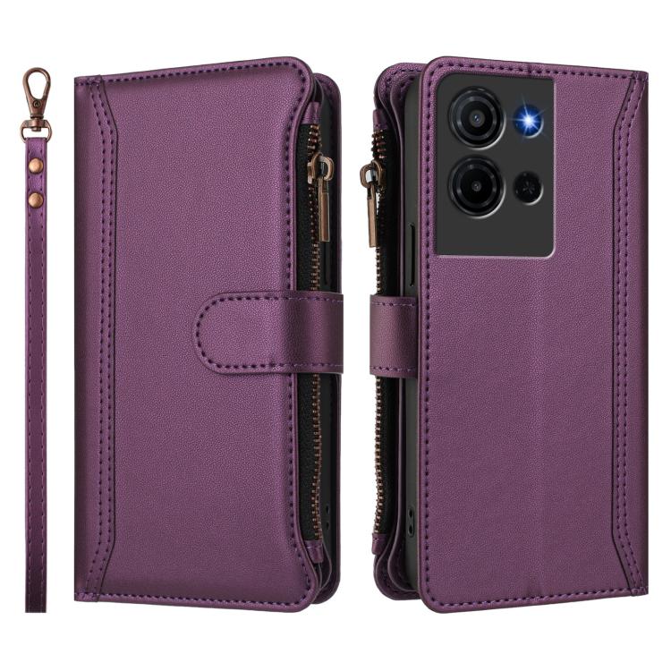 For TCL K32 5G / K33 5G Magnetic Closure 9 Card Slots Zipper Leather Case with Hand Strap