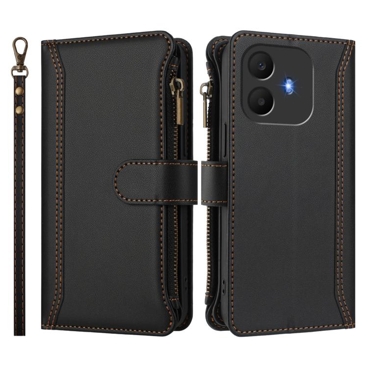 For TCL K70 Power 4G / K70 4G Magnetic Closure 9 Card Slots Zipper Leather Case with Hand Strap