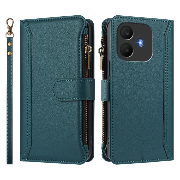 For TCL K70 Power 4G / K70 4G Magnetic Closure 9 Card Slots Zipper Leather Case with Hand Strap