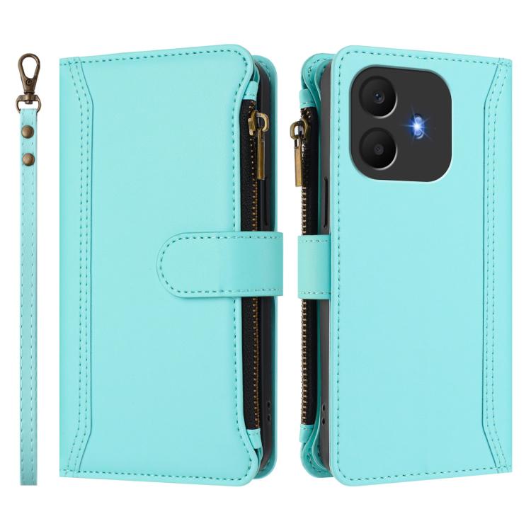 For TCL K70 Power 4G / K70 4G Magnetic Closure 9 Card Slots Zipper Leather Case with Hand Strap