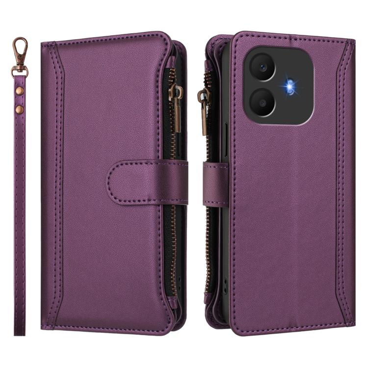 For TCL K70 Power 4G / K70 4G Magnetic Closure 9 Card Slots Zipper Leather Case with Hand Strap