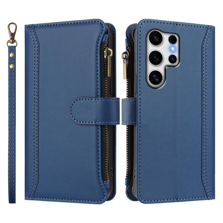 For Samsung Galaxy S25 Ultra 5G Magnetic Closure 9 Card Slots Zipper Leather Case with Hand Strap