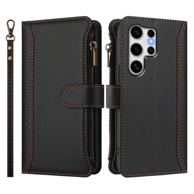 For Samsung Galaxy S25 Ultra 5G Magnetic Closure 9 Card Slots Zipper Leather Case with Hand Strap