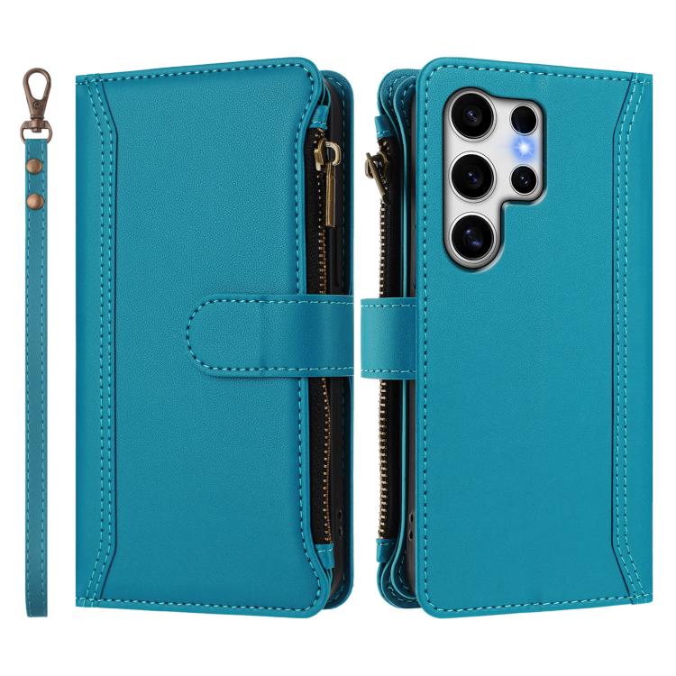 For Samsung Galaxy S25 Ultra 5G Magnetic Closure 9 Card Slots Zipper Leather Case with Hand Strap