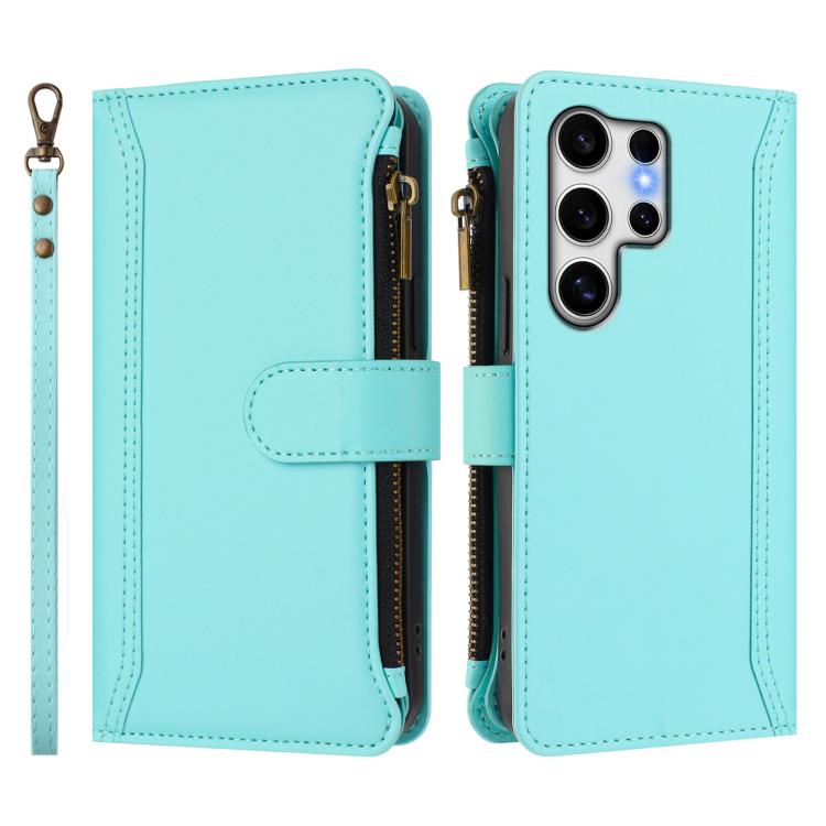 For Samsung Galaxy S25 Ultra 5G Magnetic Closure 9 Card Slots Zipper Leather Case with Hand Strap