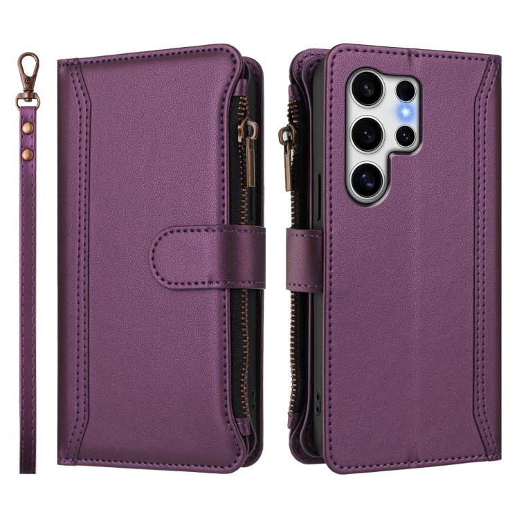 For Samsung Galaxy S25 Ultra 5G Magnetic Closure 9 Card Slots Zipper Leather Case with Hand Strap