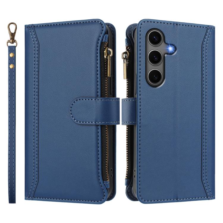 For Samsung Galaxy S25+ / S24+ 5G Magnetic Closure 9 Card Slots Zipper Leather Case with Hand Strap