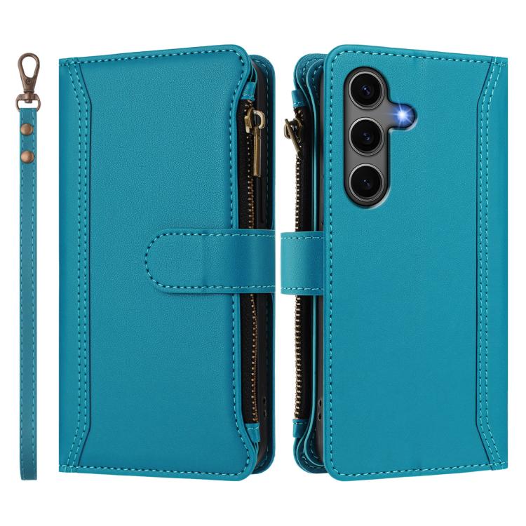 For Samsung Galaxy S25+ / S24+ 5G Magnetic Closure 9 Card Slots Zipper Leather Case with Hand Strap