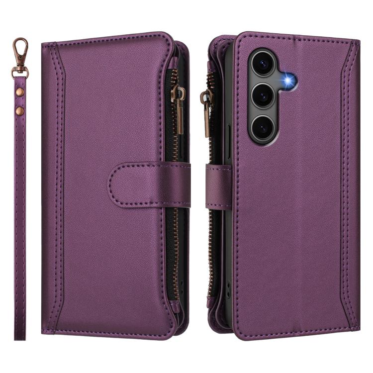 For Samsung Galaxy S25+ / S24+ 5G Magnetic Closure 9 Card Slots Zipper Leather Case with Hand Strap