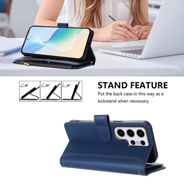 For Samsung Galaxy S24 Ultra 5G Magnetic Closure 9 Card Slots Zipper Leather Case with Hand Strap