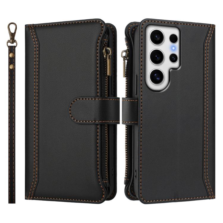 For Samsung Galaxy S24 Ultra 5G Magnetic Closure 9 Card Slots Zipper Leather Case with Hand Strap