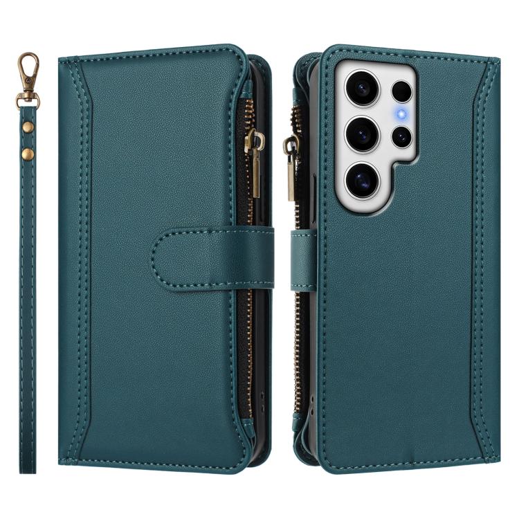 For Samsung Galaxy S24 Ultra 5G Magnetic Closure 9 Card Slots Zipper Leather Case with Hand Strap
