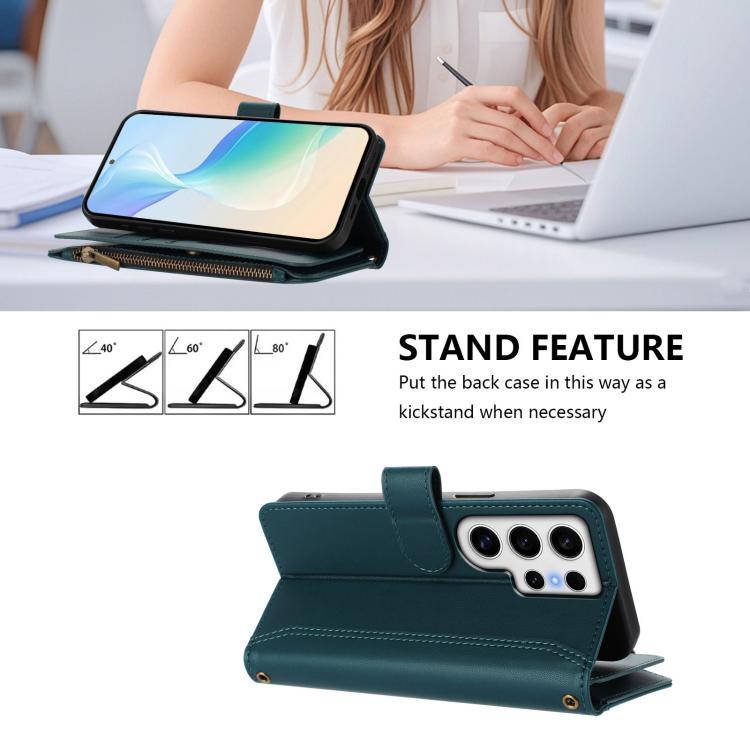 For Samsung Galaxy S24 Ultra 5G Magnetic Closure 9 Card Slots Zipper Leather Case with Hand Strap