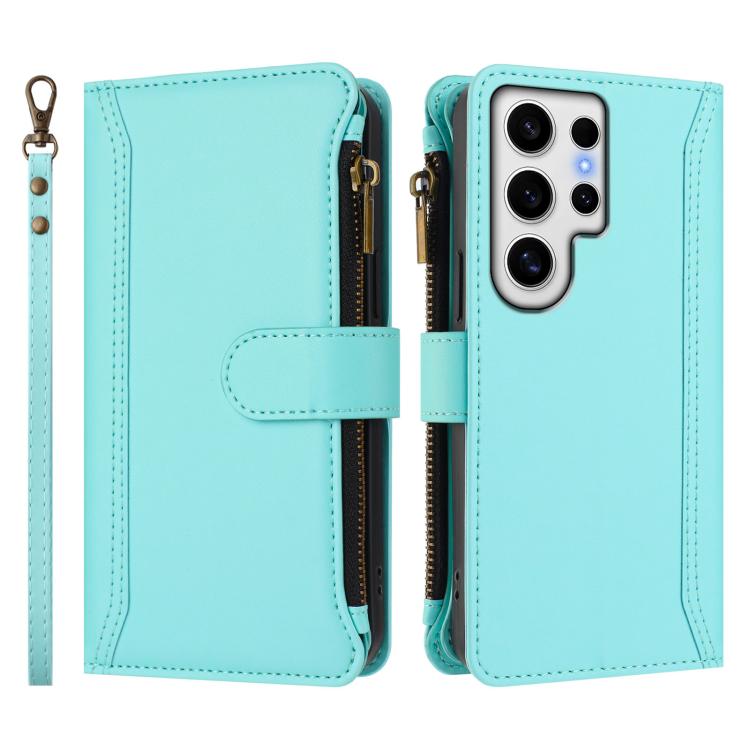 For Samsung Galaxy S24 Ultra 5G Magnetic Closure 9 Card Slots Zipper Leather Case with Hand Strap