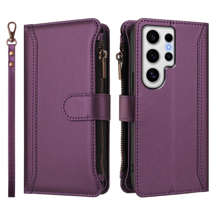 For Samsung Galaxy S24 Ultra 5G Magnetic Closure 9 Card Slots Zipper Leather Case with Hand Strap