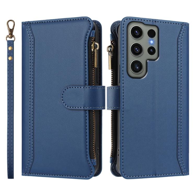 For Samsung Galaxy S23 Ultra 5G Magnetic Closure 9 Card Slots Zipper Leather Case with Hand Strap