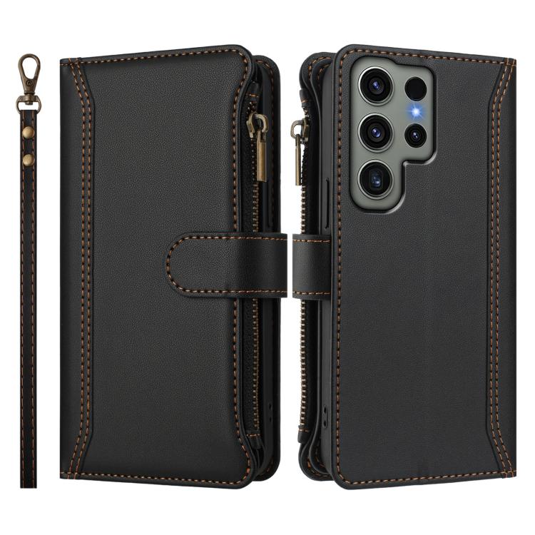 For Samsung Galaxy S23 Ultra 5G Magnetic Closure 9 Card Slots Zipper Leather Case with Hand Strap