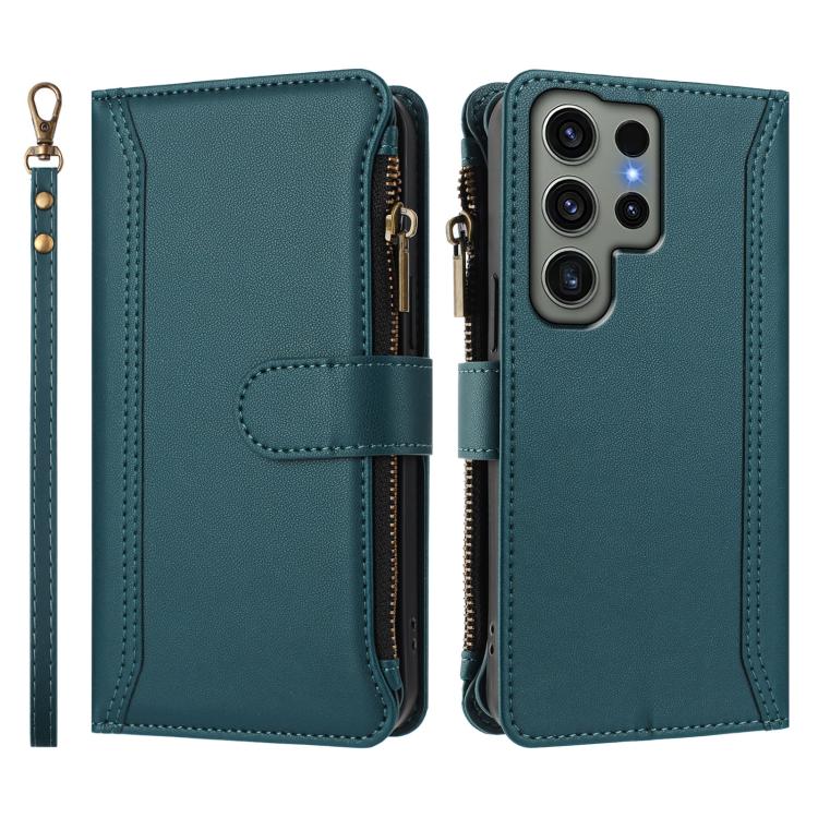 For Samsung Galaxy S23 Ultra 5G Magnetic Closure 9 Card Slots Zipper Leather Case with Hand Strap