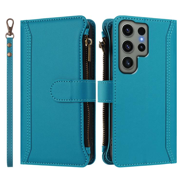 For Samsung Galaxy S23 Ultra 5G Magnetic Closure 9 Card Slots Zipper Leather Case with Hand Strap