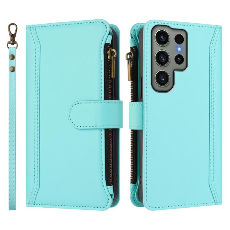 For Samsung Galaxy S23 Ultra 5G Magnetic Closure 9 Card Slots Zipper Leather Case with Hand Strap