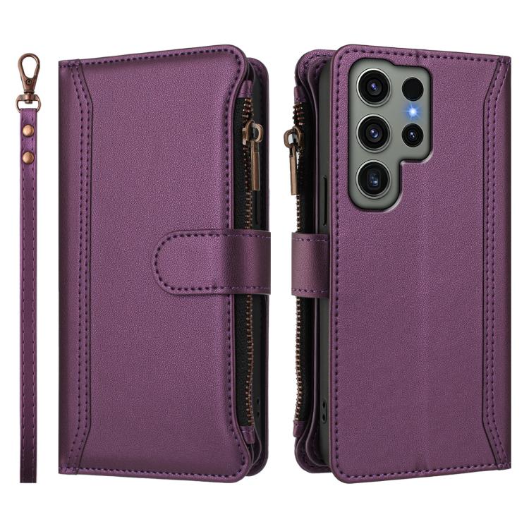 For Samsung Galaxy S23 Ultra 5G Magnetic Closure 9 Card Slots Zipper Leather Case with Hand Strap