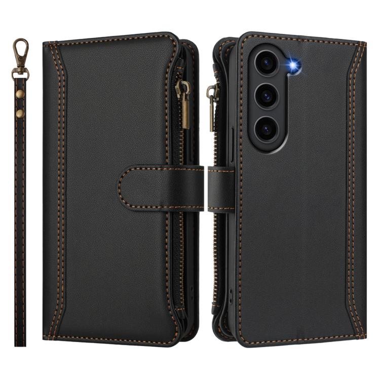 For Samsung Galaxy S23 5G Magnetic Closure 9 Card Slots Zipper Leather Case with Hand Strap