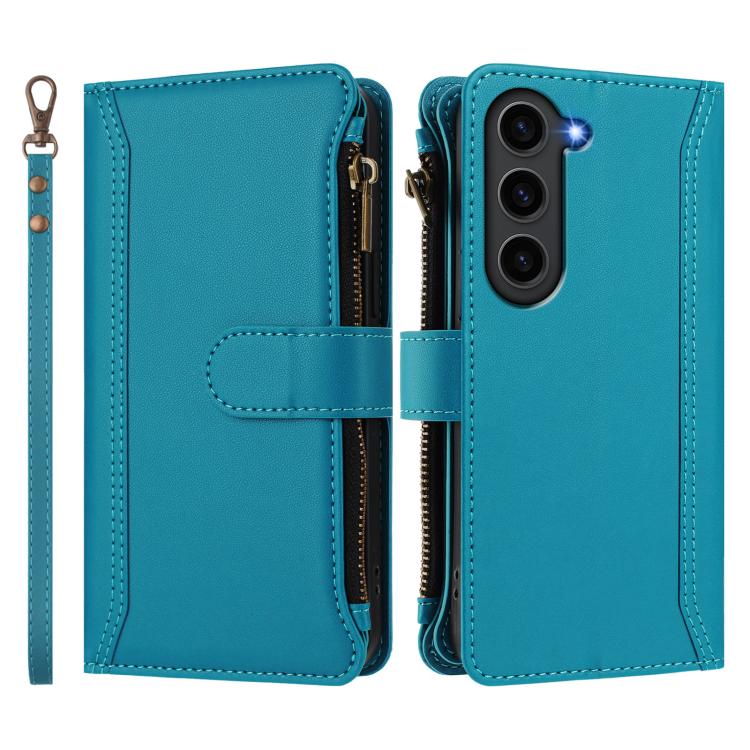 For Samsung Galaxy S23 5G Magnetic Closure 9 Card Slots Zipper Leather Case with Hand Strap