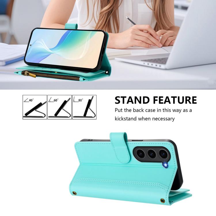 For Samsung Galaxy S23 5G Magnetic Closure 9 Card Slots Zipper Leather Case with Hand Strap