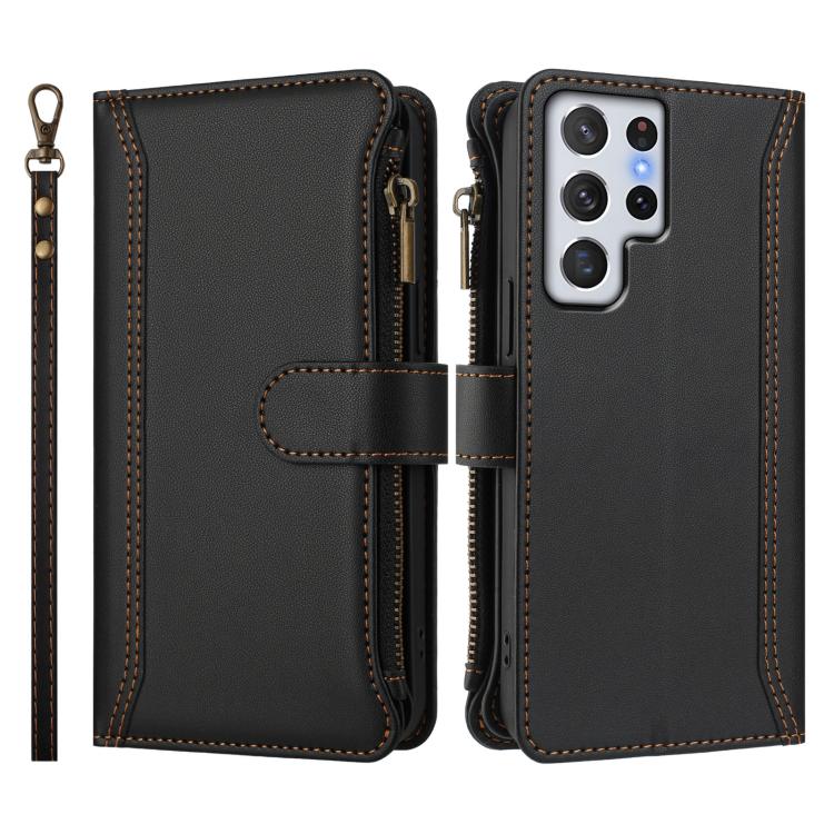 For Samsung Galaxy S22 Ultra 5G Magnetic Closure 9 Card Slots Zipper Leather Case with Hand Strap