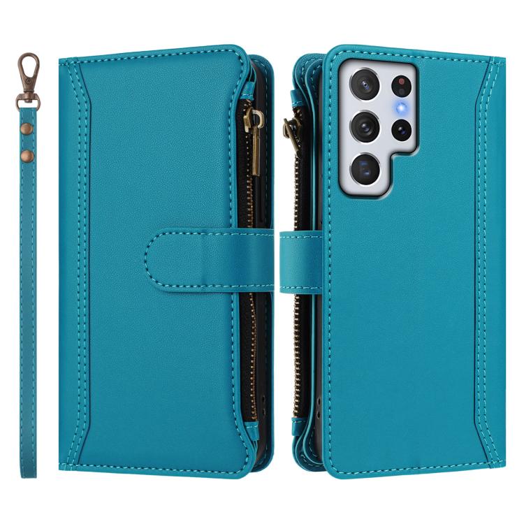 For Samsung Galaxy S22 Ultra 5G Magnetic Closure 9 Card Slots Zipper Leather Case with Hand Strap