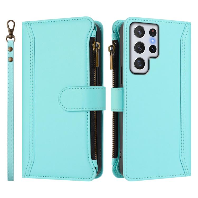 For Samsung Galaxy S22 Ultra 5G Magnetic Closure 9 Card Slots Zipper Leather Case with Hand Strap