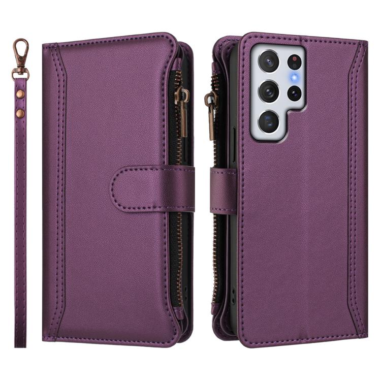 For Samsung Galaxy S22 Ultra 5G Magnetic Closure 9 Card Slots Zipper Leather Case with Hand Strap