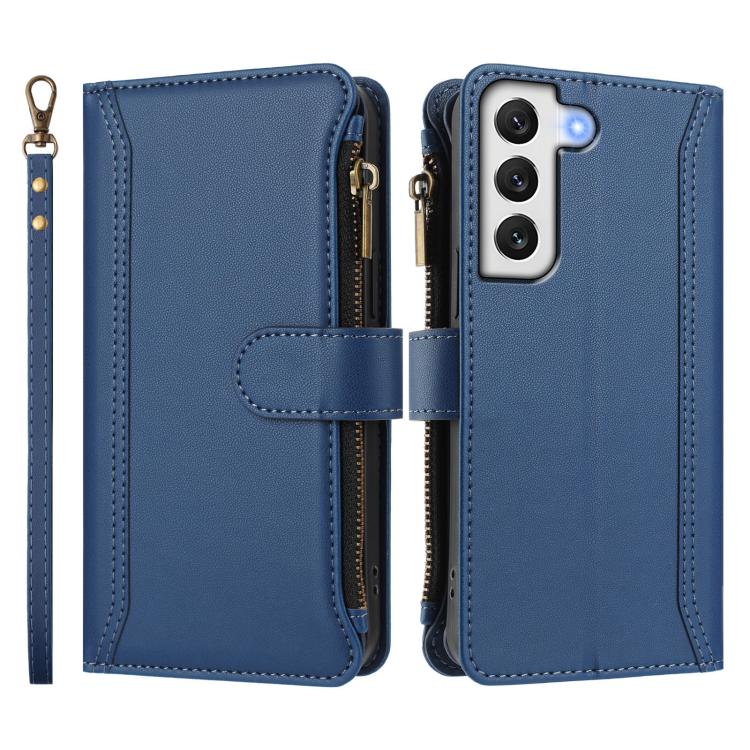 For Samsung Galaxy S22+ 5G Magnetic Closure 9 Card Slots Zipper Leather Case with Hand Strap