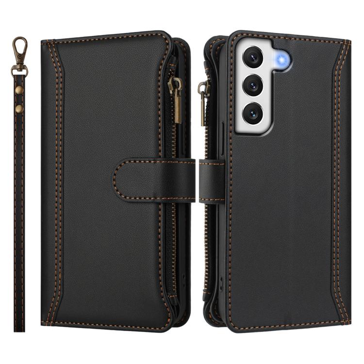 For Samsung Galaxy S22+ 5G Magnetic Closure 9 Card Slots Zipper Leather Case with Hand Strap