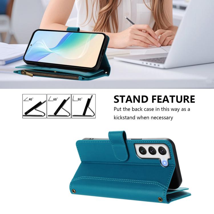 For Samsung Galaxy S22+ 5G Magnetic Closure 9 Card Slots Zipper Leather Case with Hand Strap