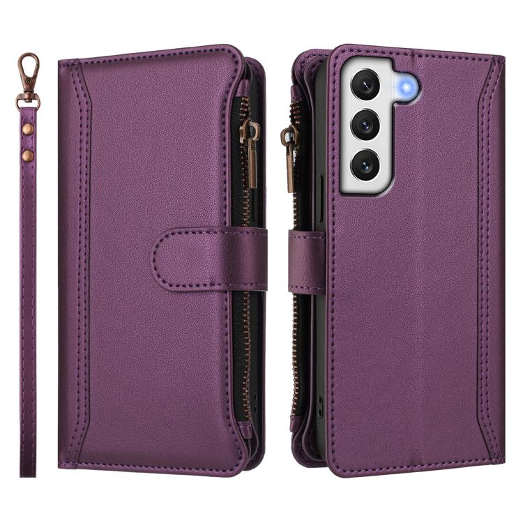 For Samsung Galaxy S22+ 5G Magnetic Closure 9 Card Slots Zipper Leather Case with Hand Strap
