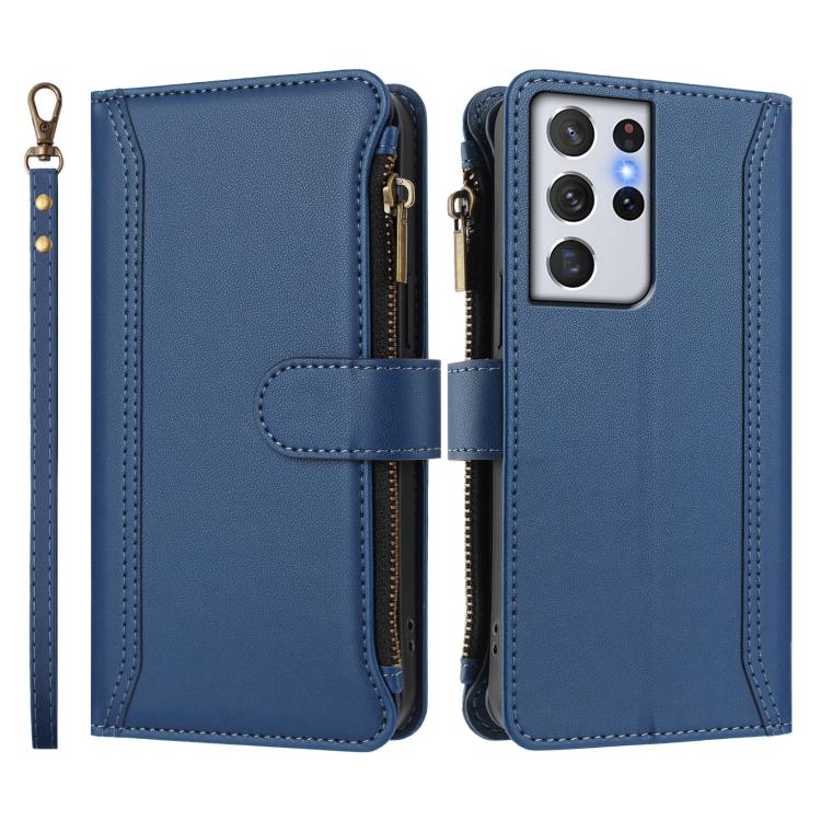For Samsung Galaxy S21 Ultra 5G Magnetic Closure 9 Card Slots Zipper Leather Case with Hand Strap