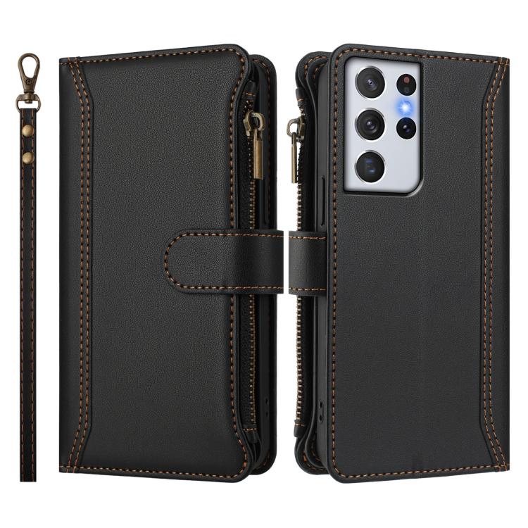 For Samsung Galaxy S21 Ultra 5G Magnetic Closure 9 Card Slots Zipper Leather Case with Hand Strap