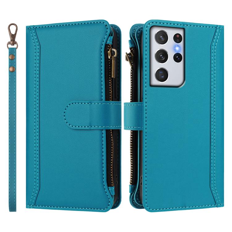 For Samsung Galaxy S21 Ultra 5G Magnetic Closure 9 Card Slots Zipper Leather Case with Hand Strap
