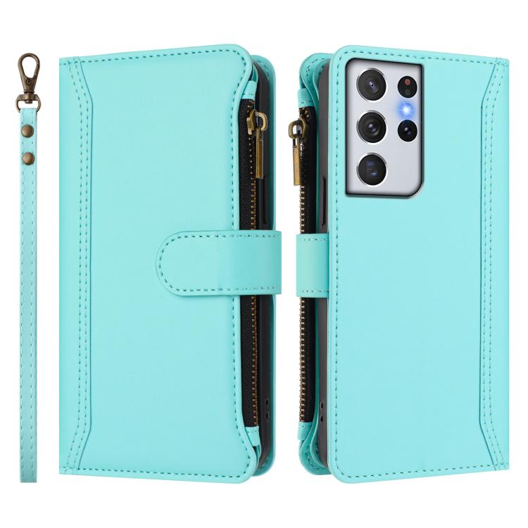 For Samsung Galaxy S21 Ultra 5G Magnetic Closure 9 Card Slots Zipper Leather Case with Hand Strap