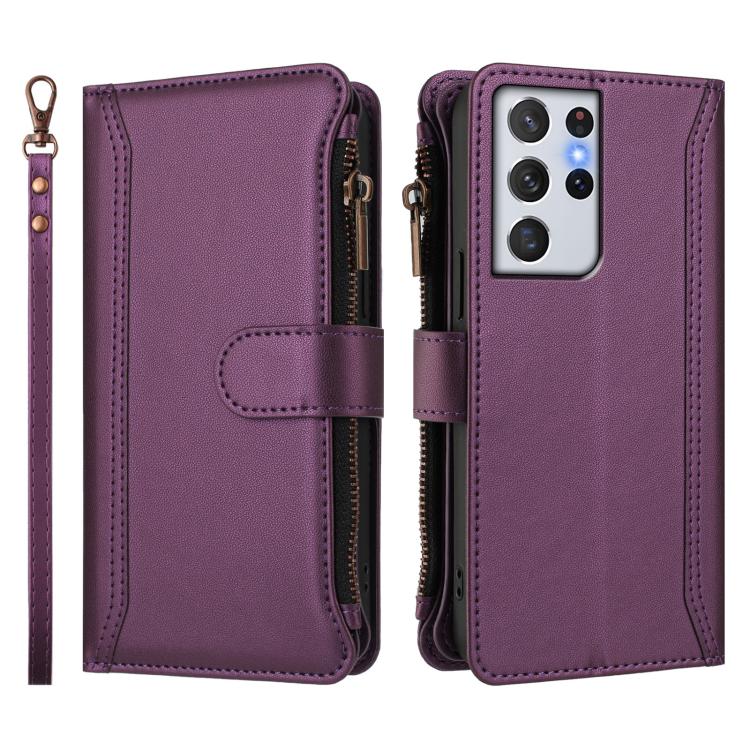 For Samsung Galaxy S21 Ultra 5G Magnetic Closure 9 Card Slots Zipper Leather Case with Hand Strap